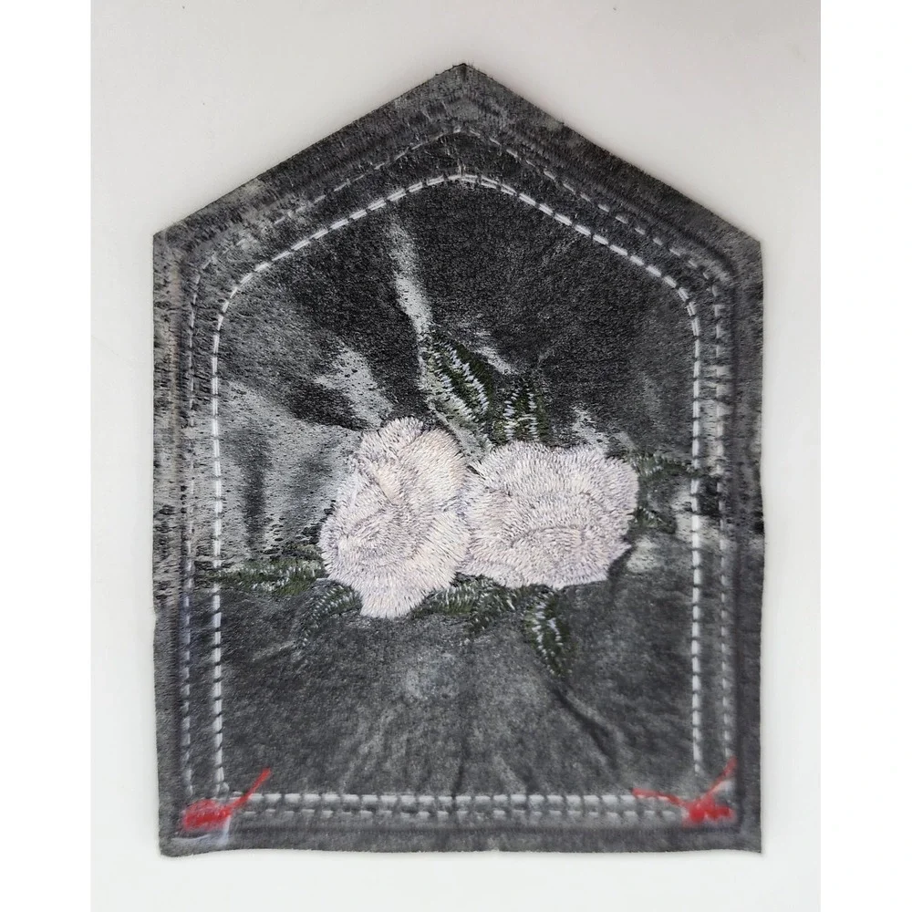 WHITE ROSE ON POCKET BLACK‎ DENIM EMBROIDERED PATCH